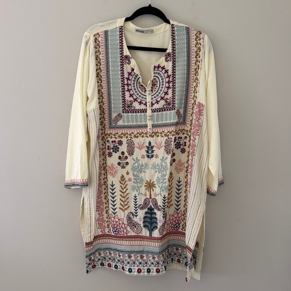 Khaadi Women Embroidered Kurta Tunic Off-White Viscose Cotton Sz 14 Long Sleeve